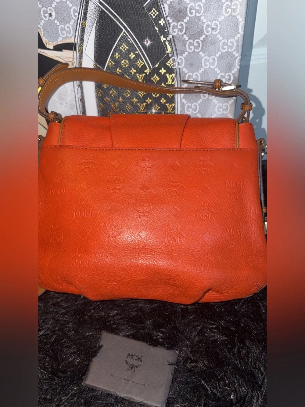 MCM Orange Pebbled Leather Shoulder Bag with Gold Logo